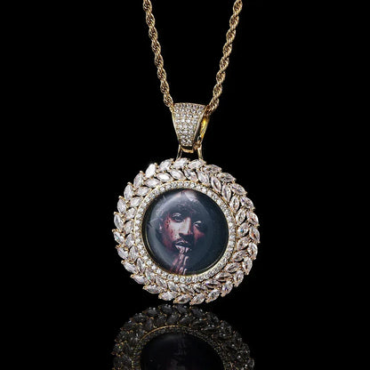 Custom Wheat Ear Round Photo Frame Pendant Necklace with Zircon Stones for Men | Caratix Jewelry - CaratixJewelry