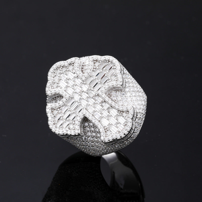 Baguette Moissanite Cross Men's Ring 925 Silver | Caratix