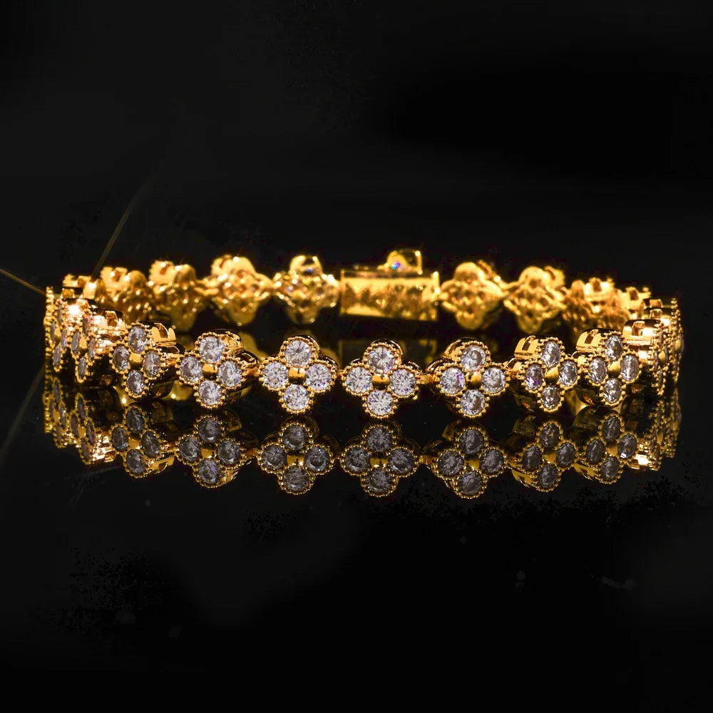 7mm Men's Full Zircon Clover & Plum Blossom Bracelet | Iced Out Floral Link Chain | Premium Iced Out Jewelry | Caratix - CaratixJewelry