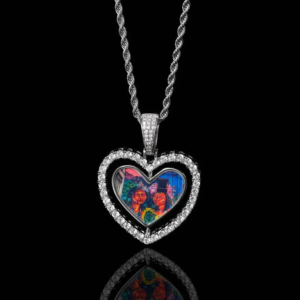 Custom Rotating Double-Sided Heart Photo Pendant Necklace with Zircon Stones | Caratix Jewelry - CaratixJewelry