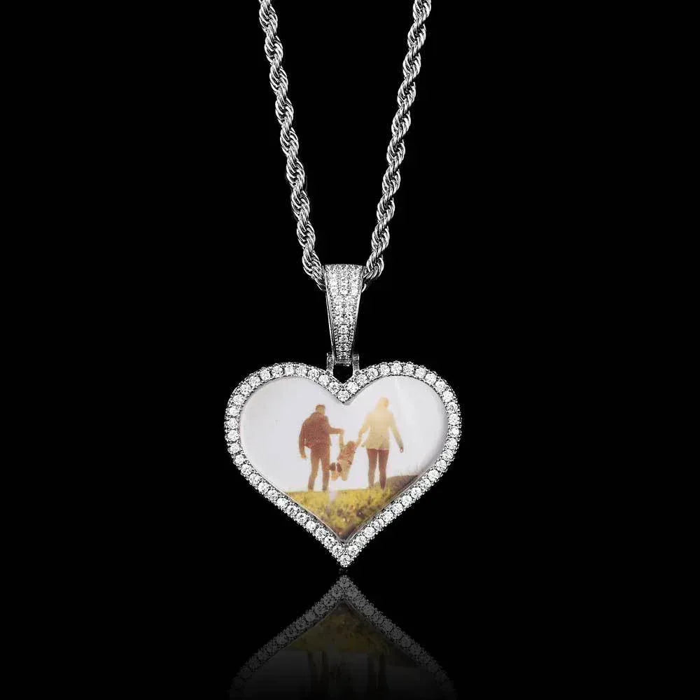 Custom Heart Photo Pendant Necklace with Zircon Stones for Men | Caratix Jewelry - CaratixJewelry