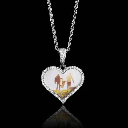Custom Heart Photo Pendant Necklace with Zircon Stones for Men | Caratix Jewelry - CaratixJewelry