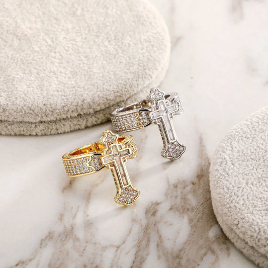 Unisex Iced Out Cross Ring | Micro-Pave Zirconia Couple's Band | Caratix