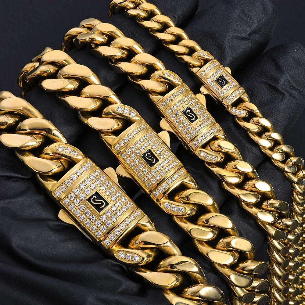 Polished Stainless Steel Cuban Chain Necklace with 14K Gold Plating for Men | Trendy Hip Hop Jewelry | Caratix Jewelry - CaratixJewelry
