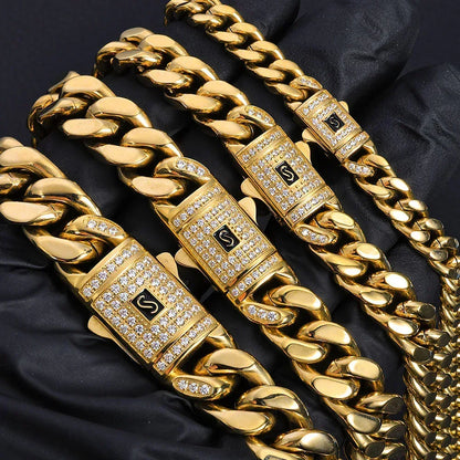 Polished Stainless Steel Cuban Chain Necklace with 14K Gold Plating for Men | Trendy Hip Hop Jewelry | Caratix Jewelry - CaratixJewelry