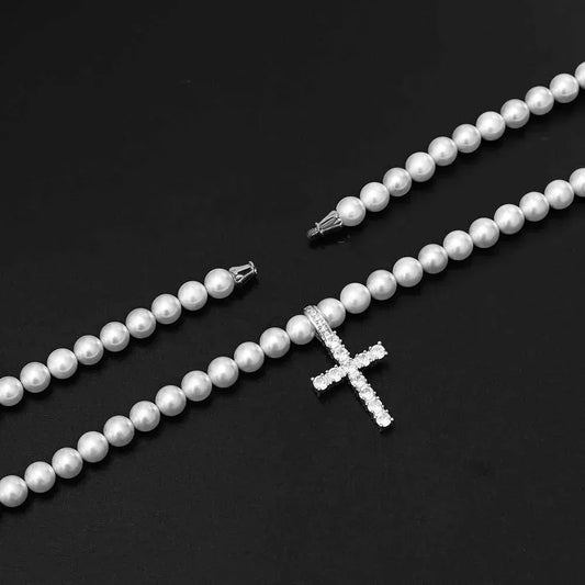 8mm–10mm Pearl Necklace with Cross Butterfly Letter Pendant for Men & Women | Caratix Jewelry - CaratixJewelry