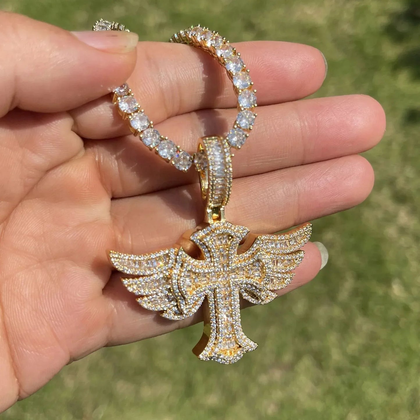 Luxury Iced Out Angel Wings Cross Pendant for Men | Hip Hop Pave CZ Jewelry | Trendy Winged Cross Ice Pendant | Fashion Necklace | Caratix - CaratixJewelry