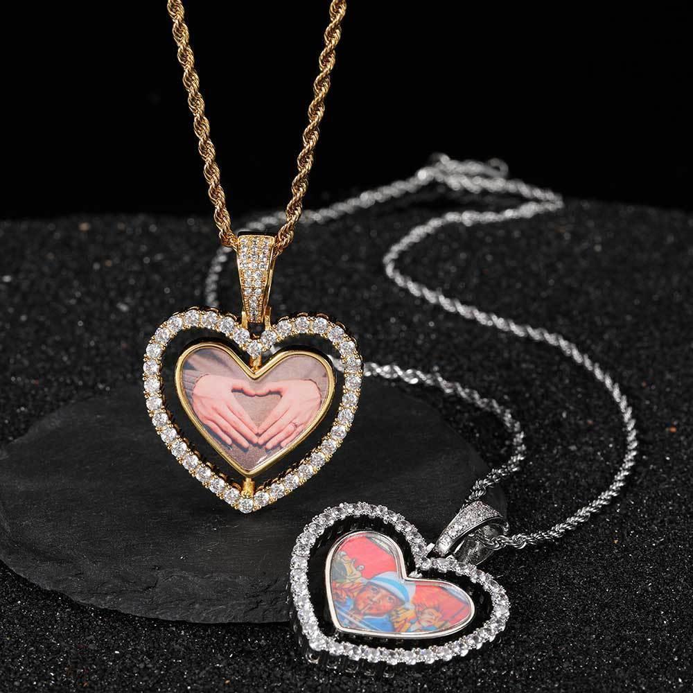 Custom Rotating Double-Sided Heart Photo Pendant Necklace with Zircon Stones | Caratix Jewelry - CaratixJewelry