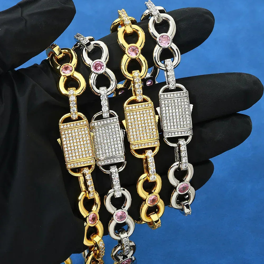 Custom 12mm Pink Zircon Infinity 8 Link Bracelet for Rapper | Caratix - CaratixJewelry