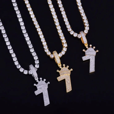 Luxury Iced Out Crown Number 7 Pendant | Lucky 7 Men's Hip Hop Necklace | Premium Copper CZ King Jewelry | CR7 Style Bling | Caratix - CaratixJewelry