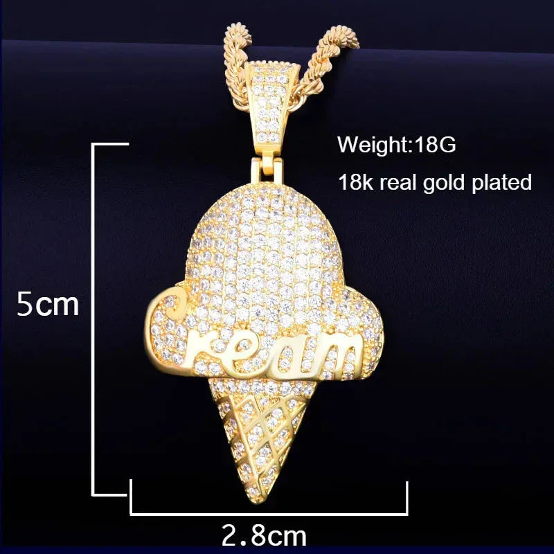 Iced Out Ice Cream Cone Pendant | Men's Real Copper CZ Necklace - CaratixJewelry