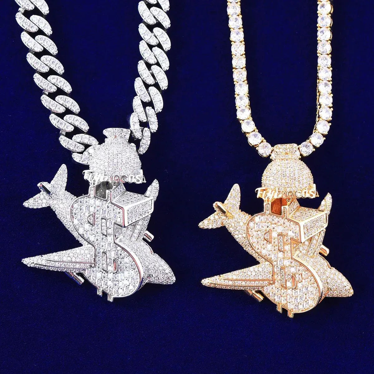 Iced Out Money Plane Pendant | Unisex Real Copper/S925 CZ Necklace | Luxury Hip Hop Flight to Riches Jewelry | Dollar Sign Plane Bling | Caratix - CaratixJewelry
