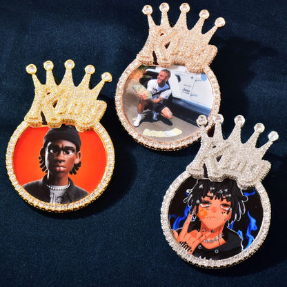 Crown Round Photo Pendant | Iced Out CZ DIY Custom Picture Hip Hop Necklace - CaratixJewelry