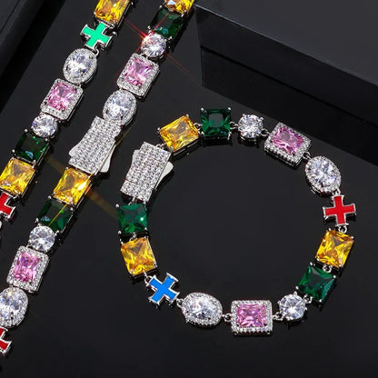 Custom 10mm Cross Charm Color Gemstone Bracelet | Premium Iced Out Jewelry for Men | Caratix - CaratixJewelry