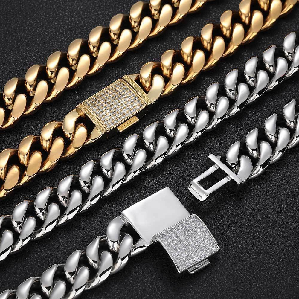 Stainless Steel Miami Cuban Chain Zircon Necklace with Flip Lock for Men | Caratix Jewelry - CaratixJewelry