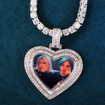 Heart Photo T-Bar Pendant | Iced Out CZ DIY Custom Picture Hip Hop Couple Necklace - CaratixJewelry