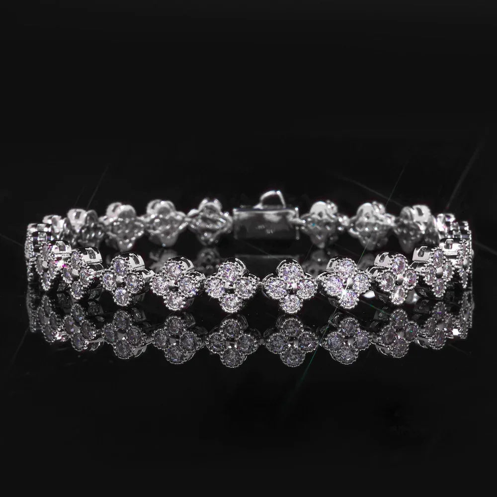 7mm Men's Full Zircon Clover & Plum Blossom Bracelet | Iced Out Floral Link Chain | Premium Iced Out Jewelry | Caratix - CaratixJewelry