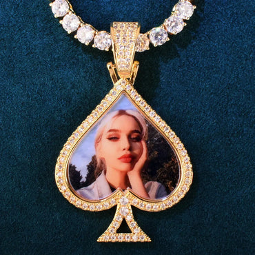 Spade Photo Pendant Necklace | Epoxy CZ Iced Out DIY Custom Hip Hop Jewelry - CaratixJewelry