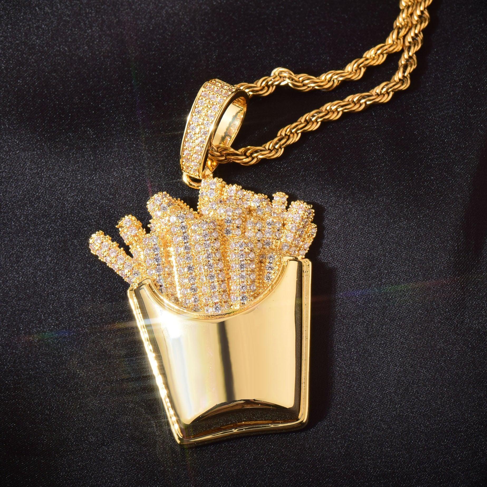 Iced Out French Fries Pendant Necklace | CZ Hip Hop Unisex Trendy Jewelry - CaratixJewelry