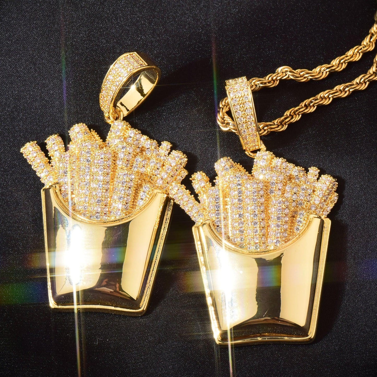 Iced Out French Fries Pendant Necklace | CZ Hip Hop Unisex Trendy Jewelry - CaratixJewelry