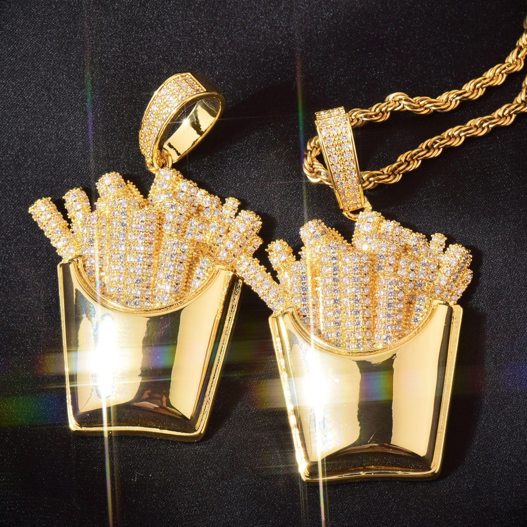 Iced Out French Fries Pendant Necklace | CZ Hip Hop Unisex Trendy Jewelry - CaratixJewelry