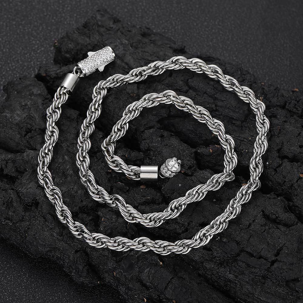 6mm Twist Rope Chain Stainless Steel Necklace with Zircon Clasp Hip Hop Jewelry for Men | Caratix Jewelry - CaratixJewelry