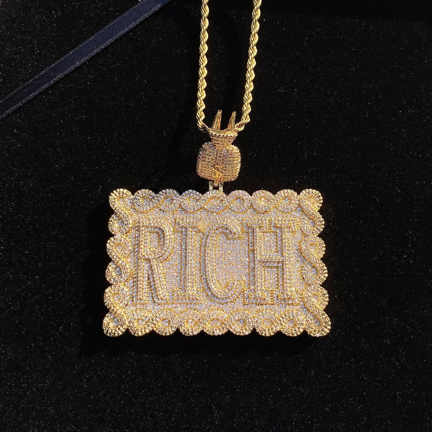 Iced Out "RICH" Dollar Sign Pendant | Men's Real Copper Square Medallion Necklace - CaratixJewelry
