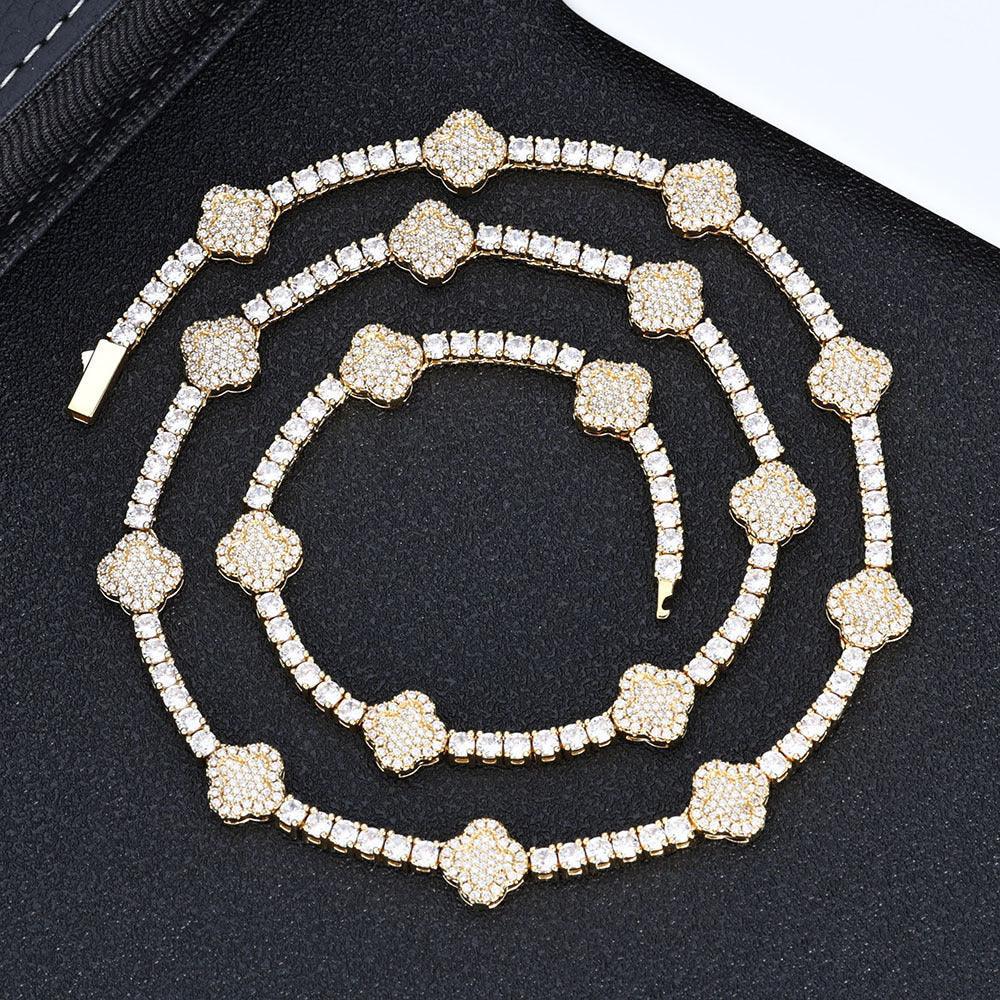Men's Spring-Clasp Clover Tennis Chain | 5A Zircon Iced Out Necklace | Premium Gold Chain Rapper Style | Caratix - CaratixJewelry