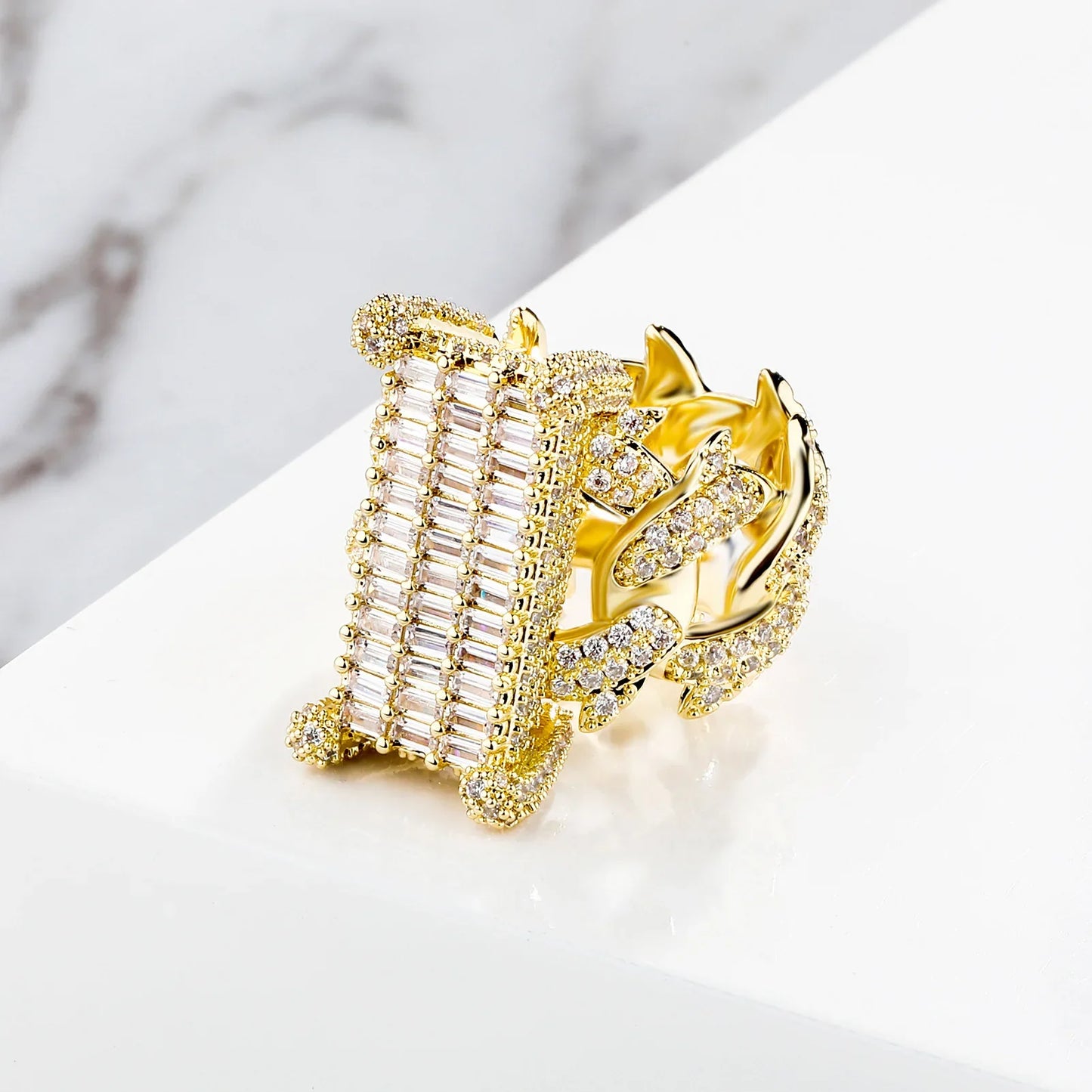 Iced Out Cuban Link Ring | Rectangular Zirconia Men's Band | Caratix