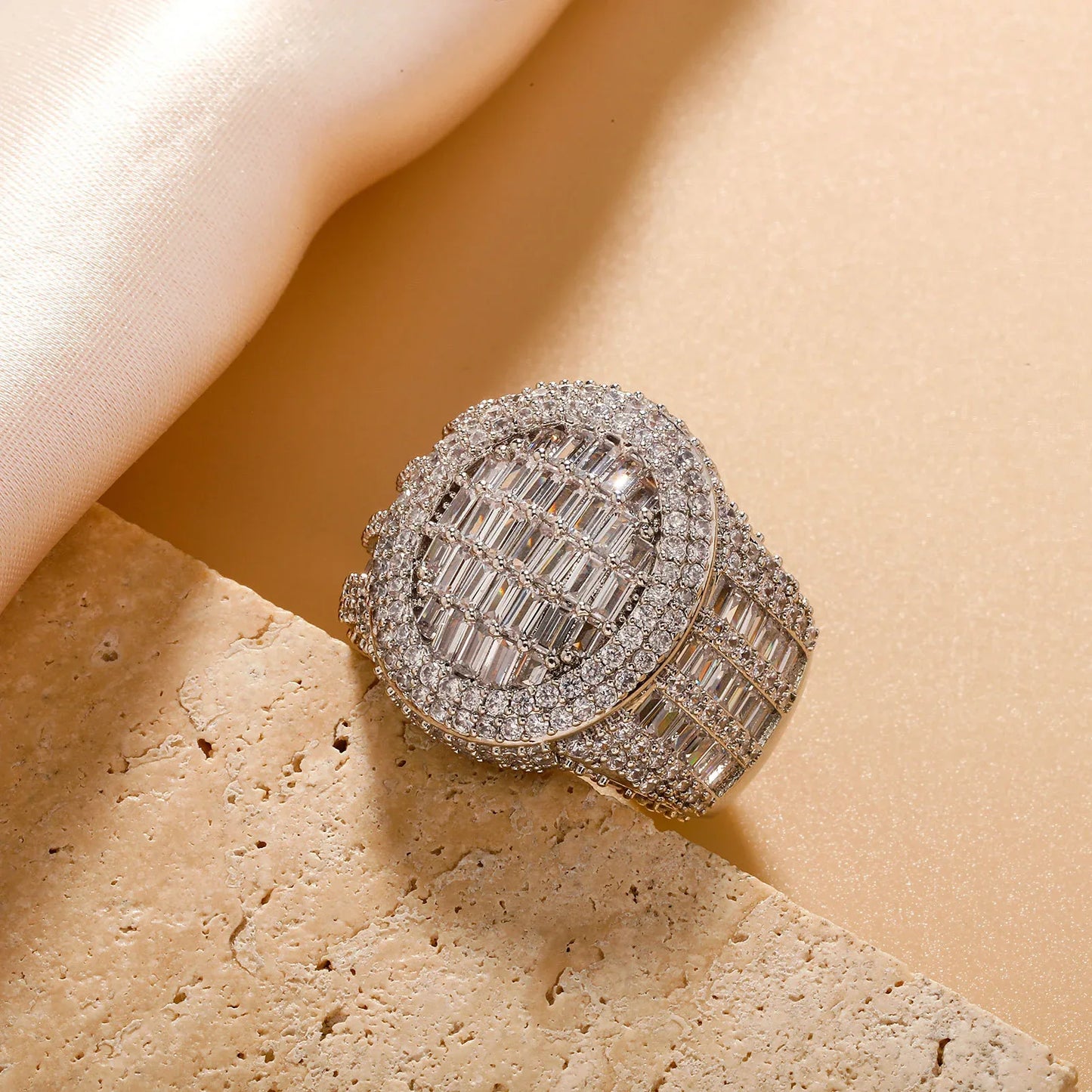Men's Iced Out Round Signet Ring | Baguette Cut Retro Hip Hop Band | Caratix
