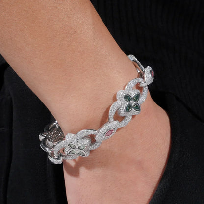 20mm Four-Leaf Clover Moissanite Cuban Link Bracelet – S925 Sterling Silver Iced-Out Hip Hop Streetwear Jewelry - CaratixJewelry