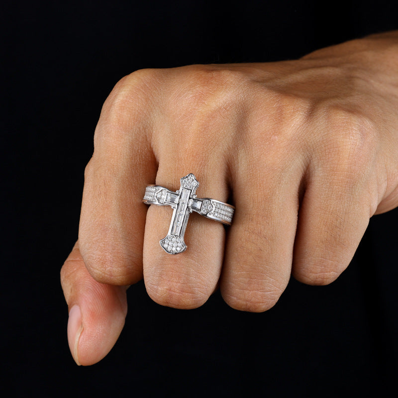 Ice-Block Baguette Moissanite Cross Ring Silver | Caratix