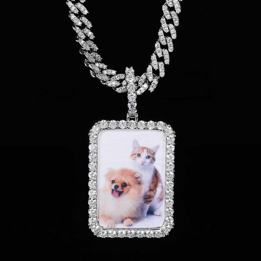 Custom Large Square Photo Pendant Necklace with Micro-Pave Zircon Stones | Caratix Jewelry - CaratixJewelry