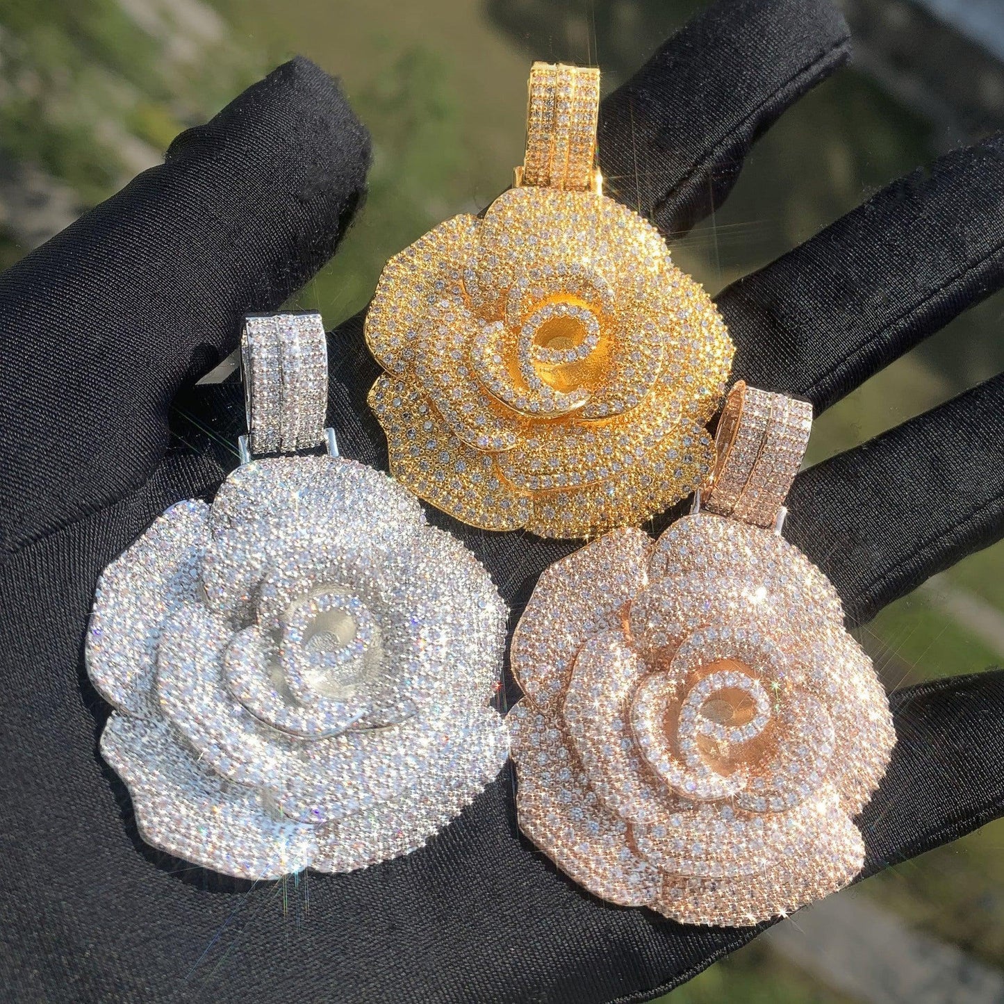 Iced Out Rose Pendant Necklace | CZ Hip Hop Streetwear Trendy Jewelry - CaratixJewelry