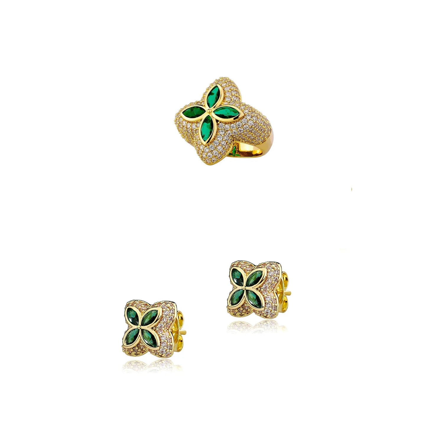 Men's Iced Out Clover Ring & Stud Earrings Set | Flower Motif Bling | Caratix