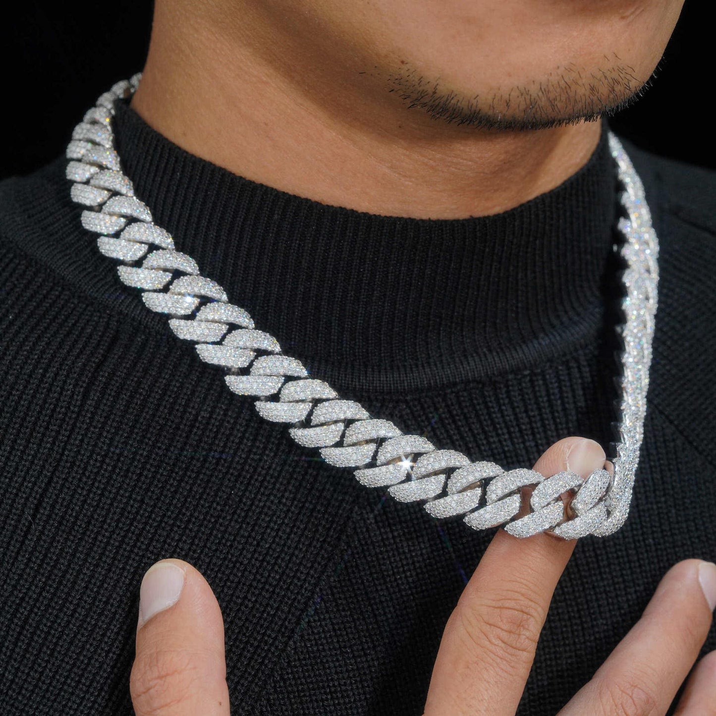 16mm Triple-Row Crescent Moissanite Cuban Link Chain – S925 Sterling Silver Iced-Out Hip Hop Men’s Streetwear Necklace - CaratixJewelry