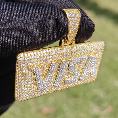 Iced Out VISA Credit Card Pendant Necklace – Hip Hop Double-Layer CZ Dog Tag Jewelry - CaratixJewelry