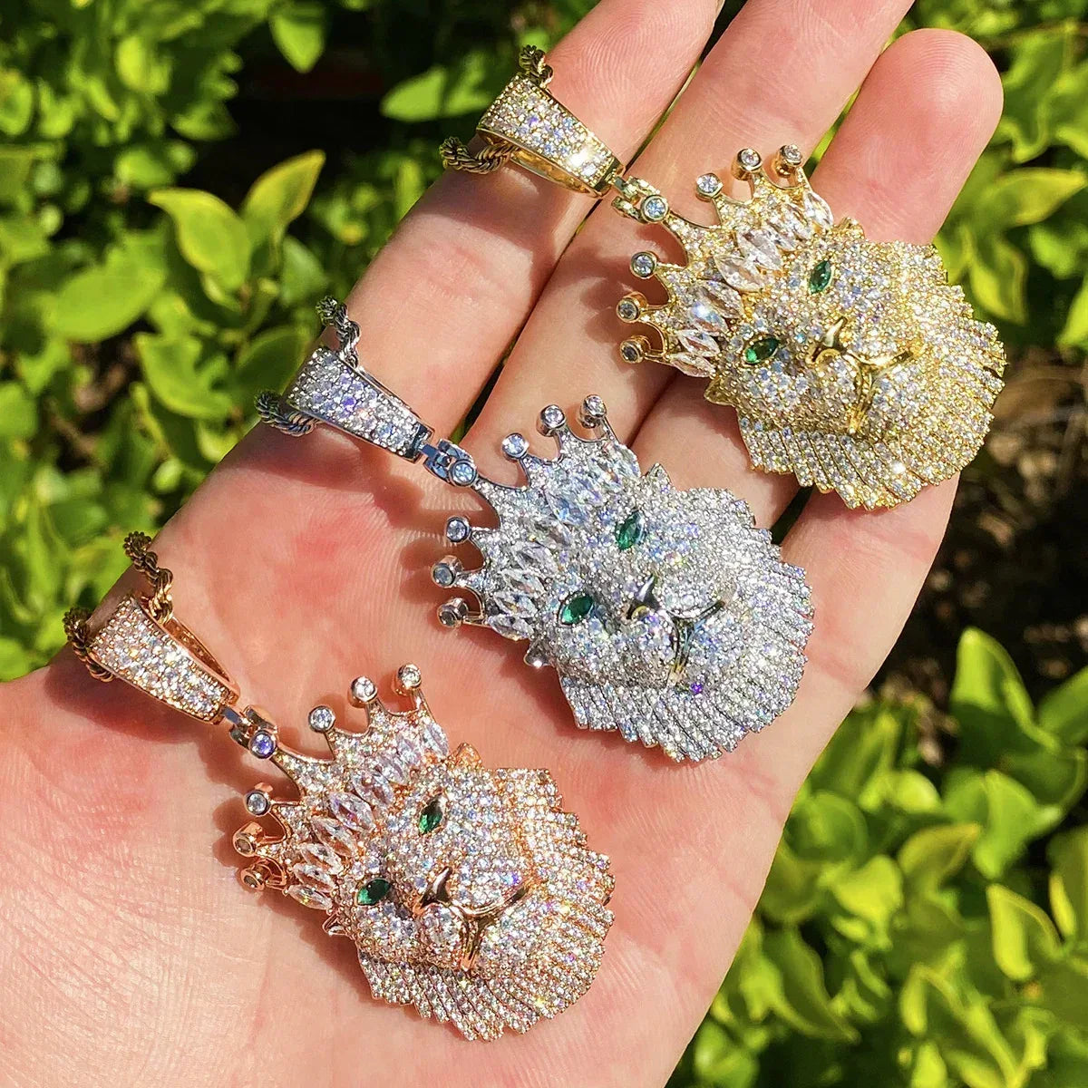 Iced Out Crowned Lion Head Pendant | Men's Real Copper CZ "King" Necklace - CaratixJewelry