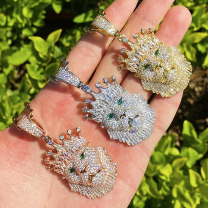 Iced Out Crowned Lion Head Pendant | Men's Real Copper CZ "King" Necklace - CaratixJewelry
