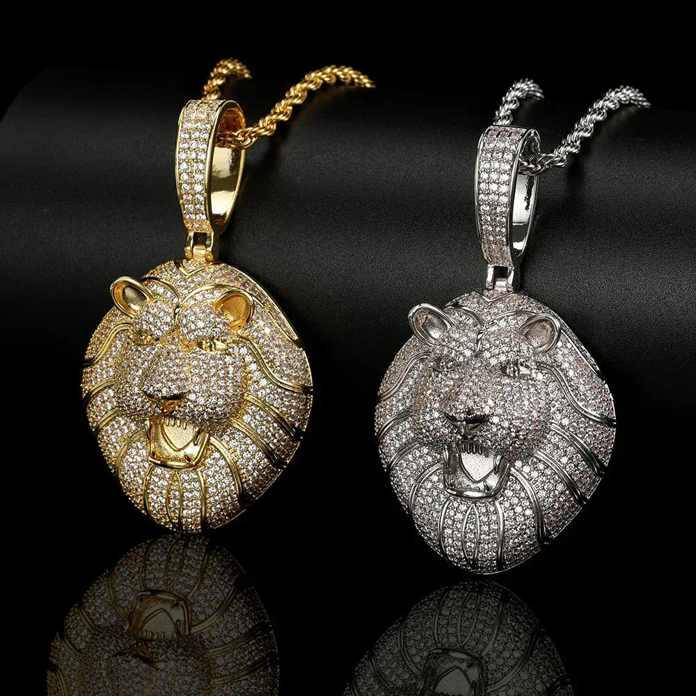Solid Lion Head Pendant Necklace with Micro-Pave Zircon and Gold Plating for Men | Caratix Jewelry - CaratixJewelry