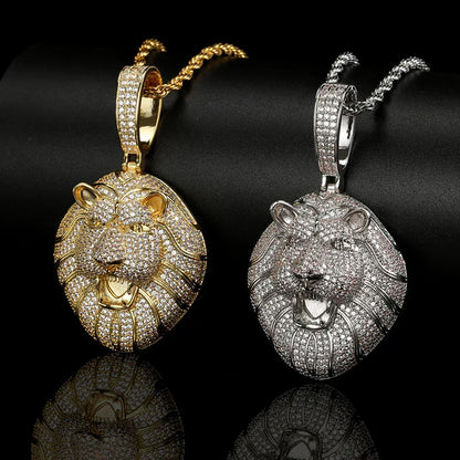 Solid Lion Head Pendant Necklace with Micro-Pave Zircon and Gold Plating for Men | Caratix Jewelry - CaratixJewelry