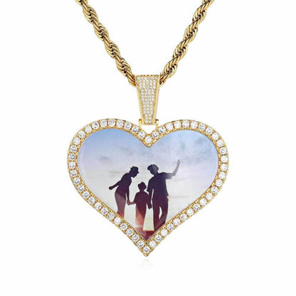 Large Heart Photo Frame Pendant Necklace with DIY Zircon Stones for Men | Caratix Jewelry - CaratixJewelry