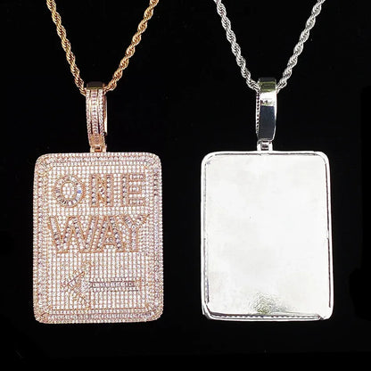 Iced Out "ONE WAY" Rectangular Pendant | Men's Real Copper CZ Plaque Necklace - CaratixJewelry