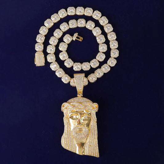 Large Iced Out Jesus Head Pendant | Big Face Messiah Necklace | Unisex Hip Hop Rock Jewelry | Copper CZ Bling | Caratix - CaratixJewelry