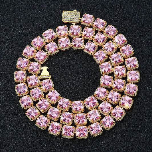 Custom 10mm Pink Baguette Sugar Link Necklace Hip Hop Bling | Caratix - CaratixJewelry