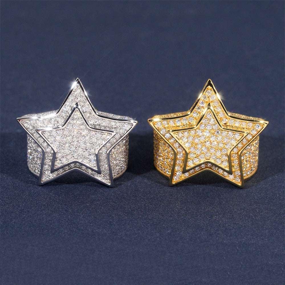 D-Color VVS Moissanite Star Ring | S925 Silver Unisex Iced Out Hip Hop Jewelry - CaratixJewelry