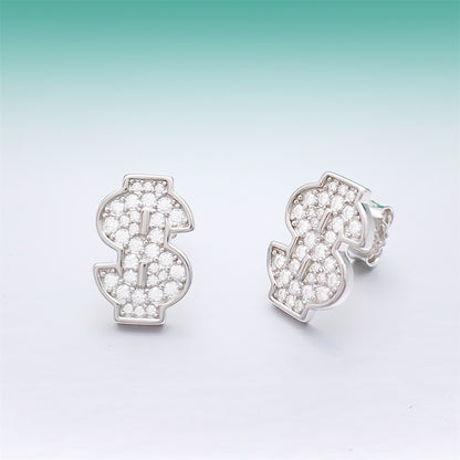 S925 Sterling Silver Money Sign Moissanite Studs | Iced Out Dollar Earring | Caratix