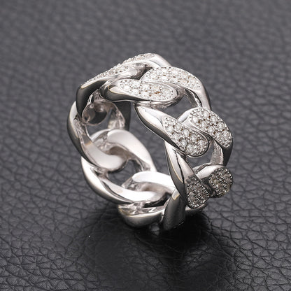 S925 Sterling Silver Moissanite Cuban Link Ring – Iced-Out Hip-Hop Chain Band for Men
