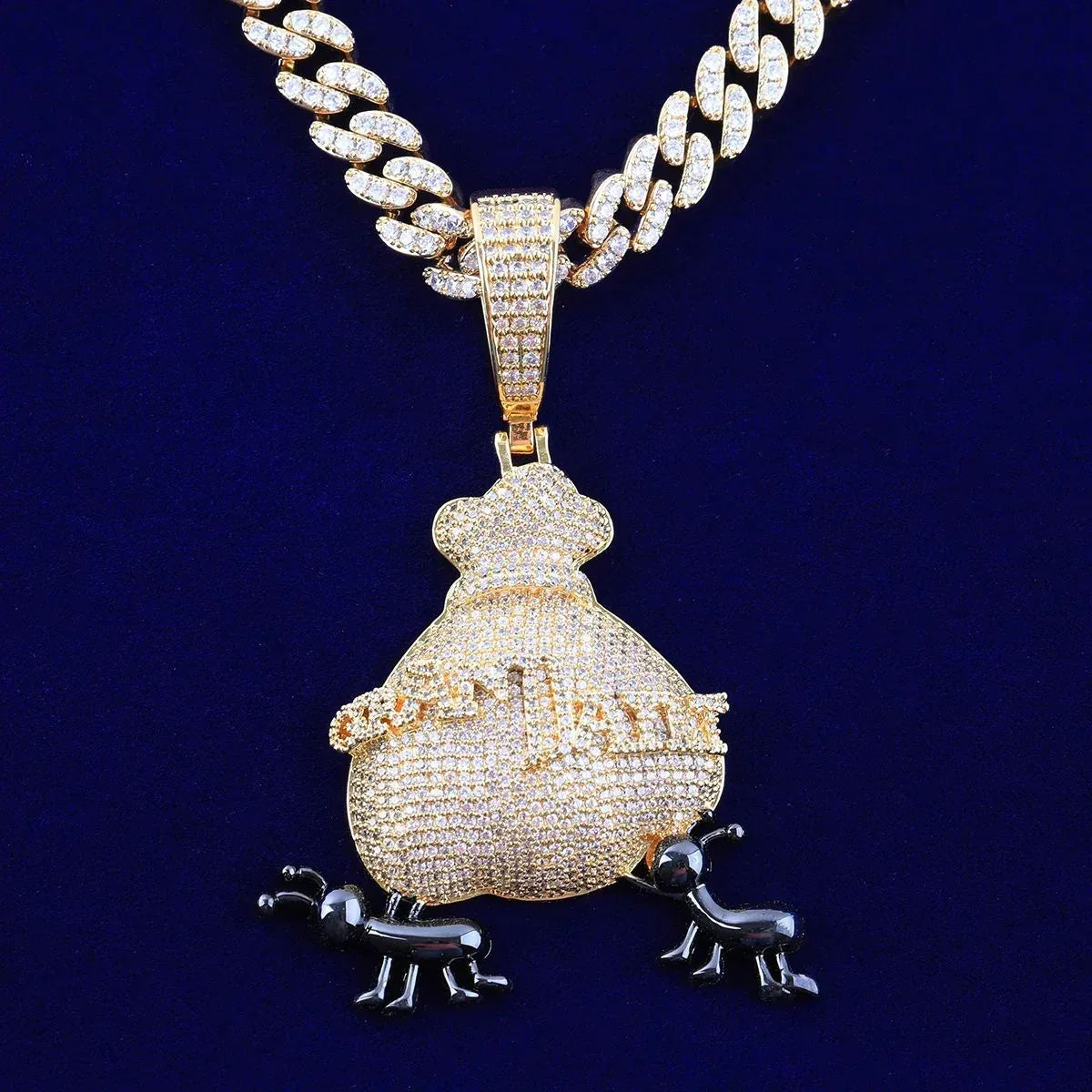 Iced Out Ant Carrying Money Bag Pendant | Men's & Women's "Secure The Bag" Necklace | Premium Copper CZ Hustle Jewelry | Motivational Bling | Caratix - CaratixJewelry
