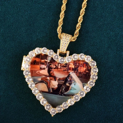 Flip-Open Heart Photo Pendant | CZ Iced Out DIY Custom Picture Hip Hop Jewelry - CaratixJewelry
